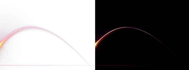 Abstract glowing pink and gold light arc isolated on white and black background. Bright warm curved neon light wave overlay. Luminous magenta glowing crescent light line © Olena