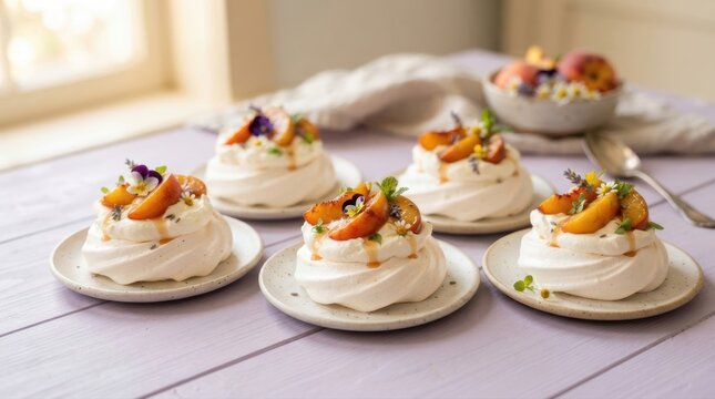 Delicate meringue pavlovas topped with fresh peaches and edible flowers
