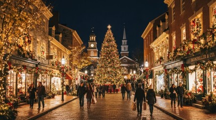 Naklejka premium Festive Christmas street scene with decorated shops and a large tree