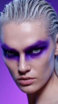 Close up portrait of woman with creative purple makeup and slick hair, fashion style.