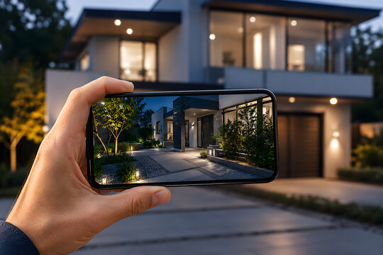 Hand holding smartphone with live home security camera feed
