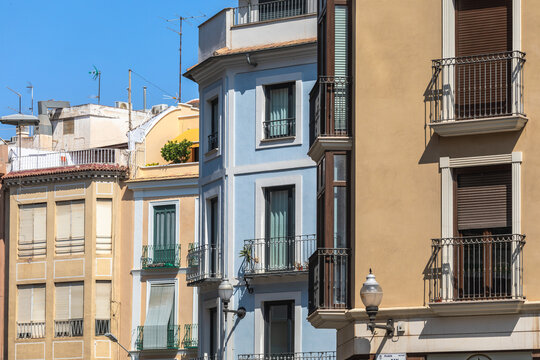 Colourful buildings in Plaza de San Juan, Murcia, Region of Murcia, Spain
