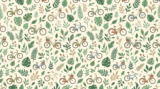 Seamless pattern with vintage bicycles and green forest leaves.