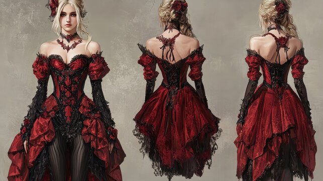 Gothic Victorian woman in red and black lace dress, character design concept art sheet.