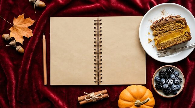 Cozy Autumn Flat Lay with Pumpkin Cake and Open Notebook surrounding photo