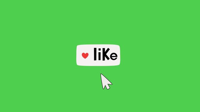 Social media like button with red heart icon clicked by the mouse pointer cursor inside film frame mockup on chroma key green screen background for video overlay, digital marketing animated clip.
