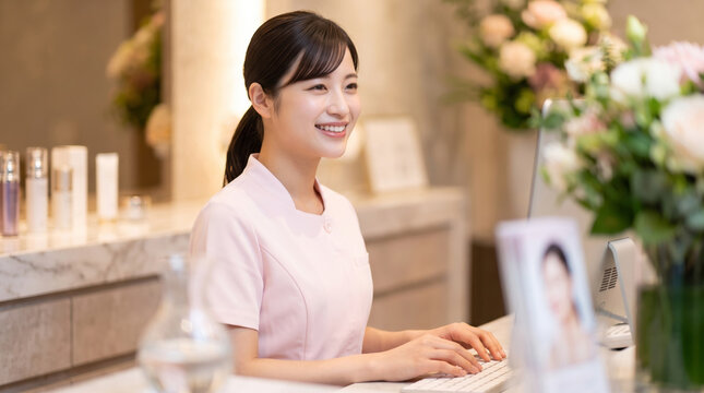 美容医療クリニックの受付でパソコン操作をする笑顔の女性スタッフ