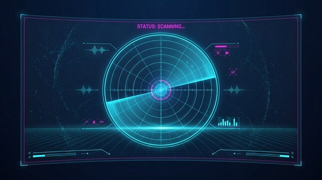 A futuristic digital radar screen displays a status scanning interface with neon blue and pink graphics on a dark background.