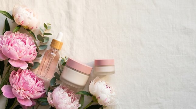 Luxury beauty product set with pink peonies and green leaves, featuring serum bottle and cream jars, arranged elegantly on a textured fabric background.