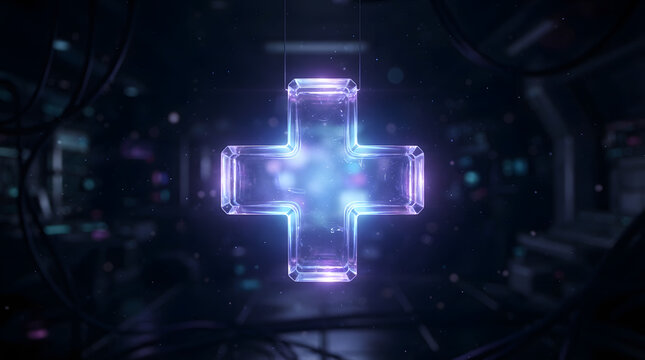 Holographic blue medical cross symbol floating on dark industrial background. Glowing neon plus sign, futuristic glowing cybernetic plus icon, glowing plus sign.
