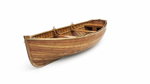 Vintage wooden rowboat isolated on white, classic timber rowing boat with interior seating, rustic nautical vessel for marine design
