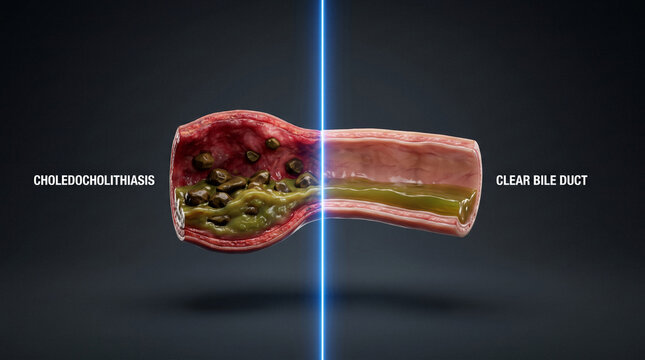 Gallbladder stones and bile duct cross-section illustration in medical anatomy