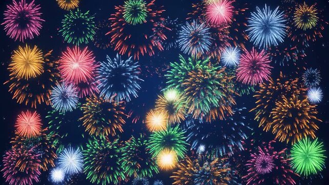 Vibrant colorful fireworks exploding in night sky sequence
