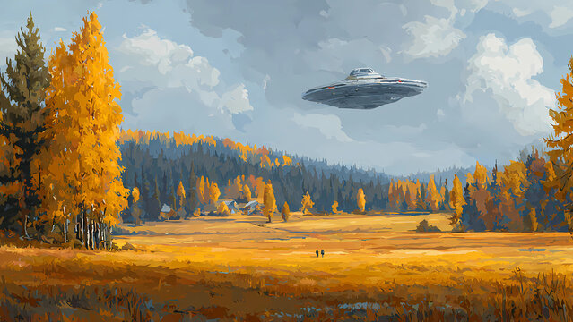 UFO on the background of earthly nature, the picture is abstract.