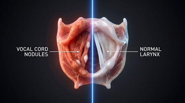Vocal cord nodules and normal larynx shown in anatomical view