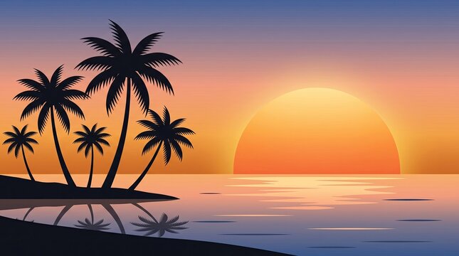 Tropical beach sunset landscape with black palm trees silhouettes and calm ocean water horizon graphic background art