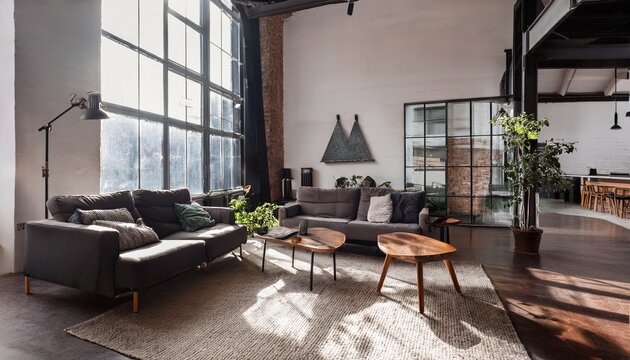 living room with sofas in loft style flat