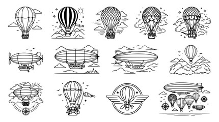: Hot Air Balloon Zeppelin Black Vector Line Icon Set 12 Travel Aviation Designs © Shohel