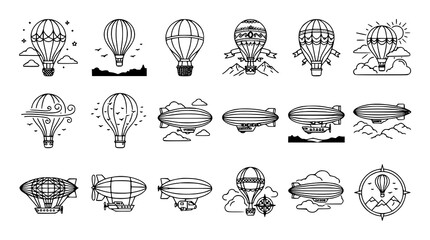 : Hot Air Balloon Zeppelin Airship Black Vector Line Icon Collection 18 © Shohel