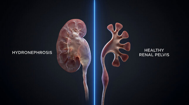Kidney pathology showing hydronephrosis versus healthy renal pelvis comparison