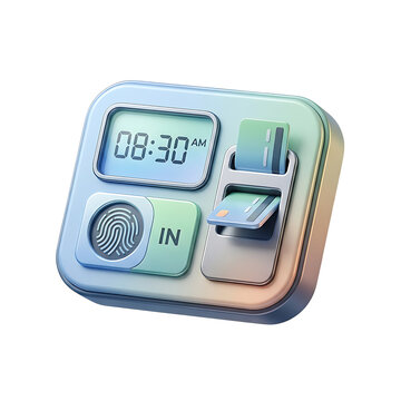 Modern attendance clock with digital time display fingerprint scanner and card reader slot transparent background