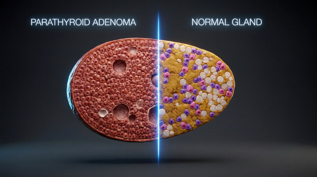 Cross section comparison of parathyroid adenoma and normal gland tissue