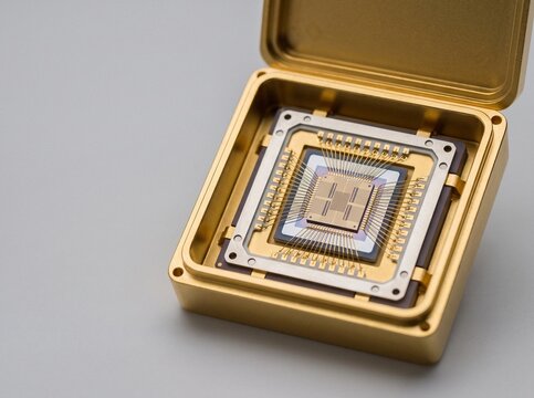 Close-up of quantum processing unit QPU chip with gold wire bonds inside gold-plated container
