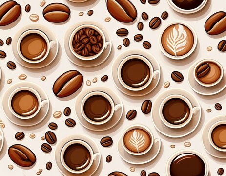 white seamless background pattern with coffee beans and cups