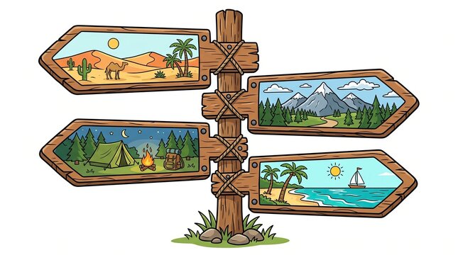 Wooden directional signpost with multiple arrows showing four different tropical landscape scenery views illustration