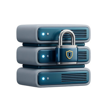 Secure server stack with padlock and shield emblem transparent background