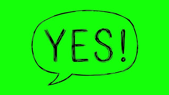hand drawn speech bubble animation with yes text on green screen background featuring black fill vector style and line boil effect
