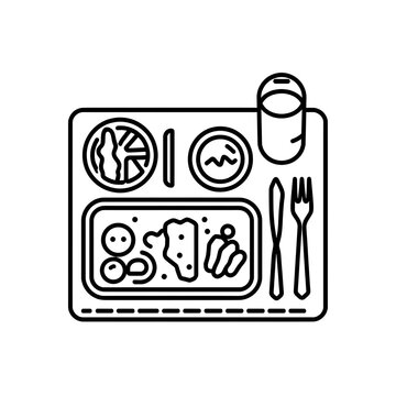 Airplane food tray with cutlery and drink icon black line art vector design