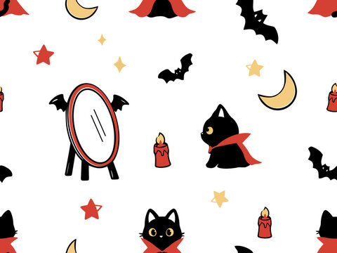 Cute seamless Halloween black cat pattern featuring magical mirror, crescent moons, flying bats, glowing candles, stars, and red scarves in hand drawn flat vector.