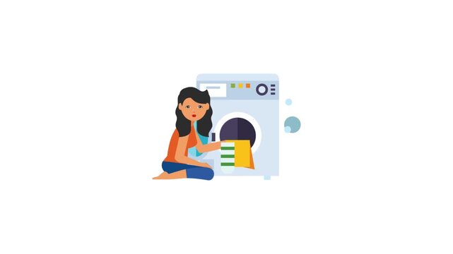 Woman Washing Clothes in Washing Machine Icon Animation