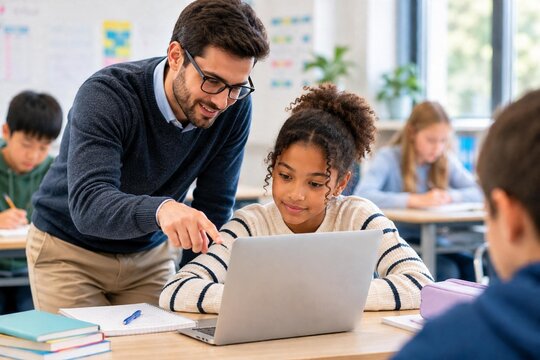  Friendly male teacher helping a young schoolgirl with a laptop during a computer class. Modern diverse classroom education concept.
