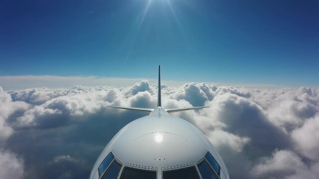 Aircraft flying through fluffy white clouds in sky
