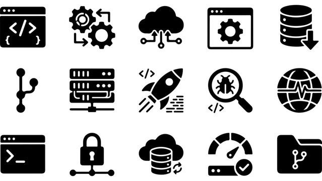 Set of black web development and programming icons for software engineering and computer technology