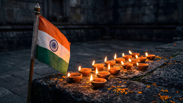 Traditional clay diya oil lamps glowing next to Indian flag on stone step at night