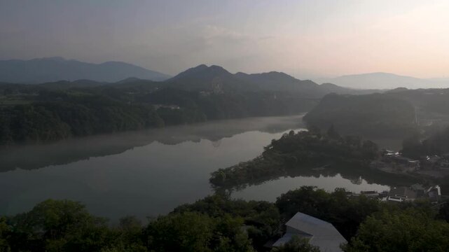 Misty morning over Ena Gorge, Kiso River, Ena, Gifu prefecture, Japan