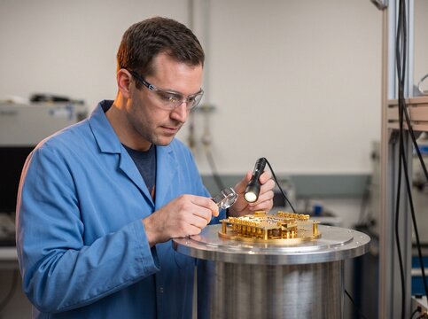 Male hardware engineer in lab coat inspecting microwave attenuator array using magnifying glass and flashlight