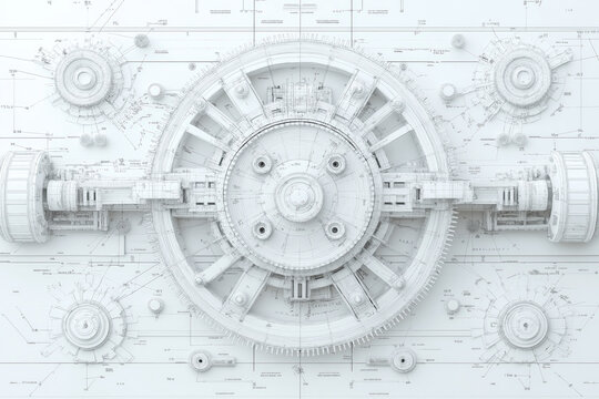 tech black and white, circular mechanical gear blueprint with technical wireframe lines, illustration