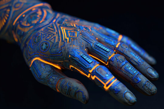 tech cyberpunk hand, blue and orange robotic hand with glowing angular circuitry on black background, photorealistic
