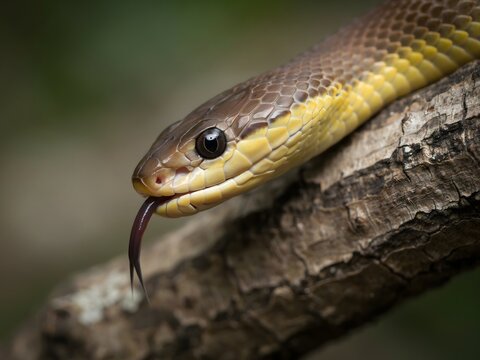 Close-up yellow and black striped snake tongue flicking on tree branch in nature