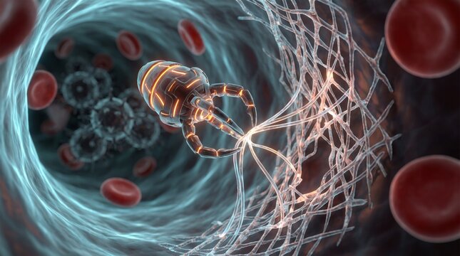 Microscopic nanobots reconstructing a red blood cell in the bloodstream