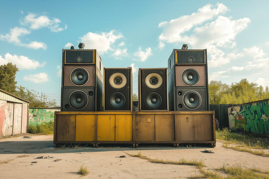 technical equipment, black and orange speaker stack outdoors beneath a blue sky, photorealistic