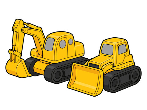 Vector illustration of yellow toy excavator and bulldozer, construction vehicles isolated on white background