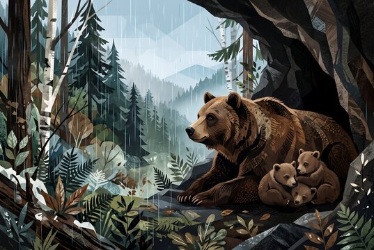 Abstract Mother Bear and Cubs Watching Rain from Forest Cave