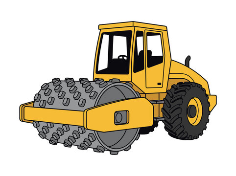 Vector illustration of a yellow soil compactor or padfoot roller, heavy construction vehicle isolated on white background
