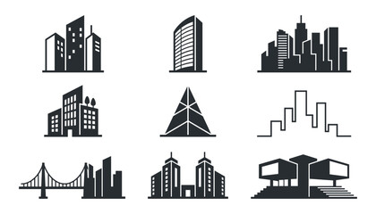 Fototapeta premium City Skyline Icons Set with Modern and Classic Buildings. Urban Architecture Vec