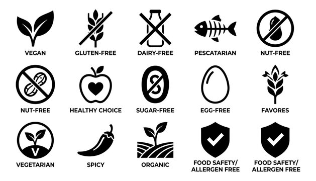 Dietary and Food Preference Icons Set. Vegan, Gluten-Free, Pescatarian, Nut-Free